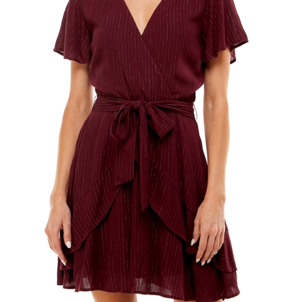 Brand New Flutter Sleeve Lure Stripe Surplice Dress Party Red Wine Dress 15